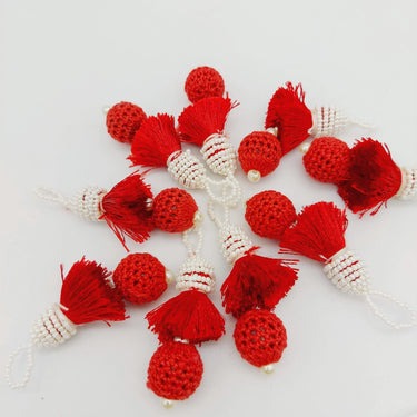 Red Crochet Ball Tassels With White Pearls Beads, Tassel Charms, Nylon Tassels x 2